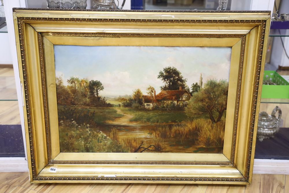T Whithew (c.1900), oil on canvas, Timber framed house beside a river, signed a and dated 1906, 50 x 78cm.